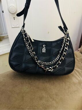 Steve Madden Black Quilted Chain-Accent Shoulder Bag